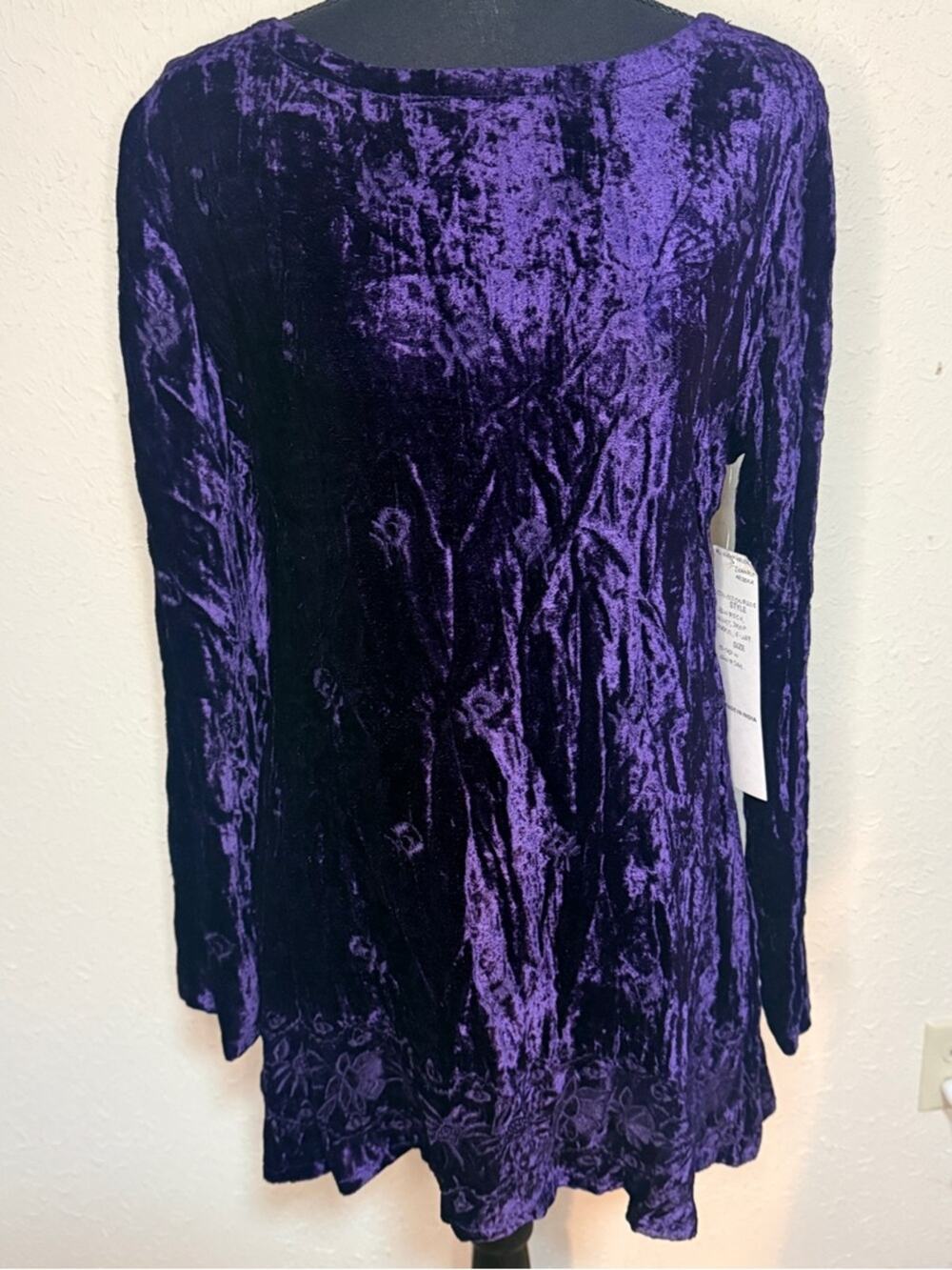 Lola Sport Women’s Medium Purple Crushed Velvet Tunic Top Embroidery Boho Artsy